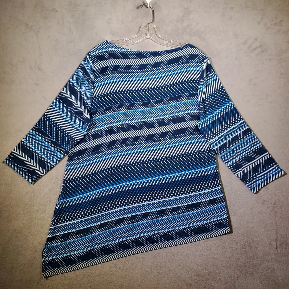 Chicos Travelers Top Womens L/2 Blue Geo Stripe Asymetrical‎ Hem Stretch Comfort - Picture 3 of 9